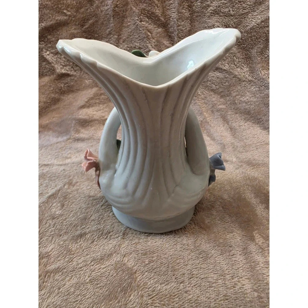 Vintage Porcelain Double Swan Vase with 3D Pink Rose Floral Accents Ceramic